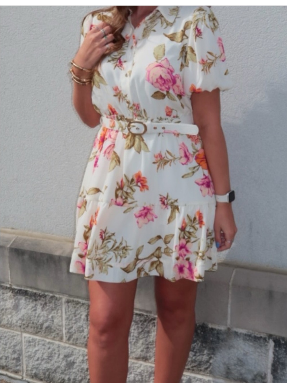 MSK Petite Floral Button-Front Short Sleeve Dress in White with Pink PS NWT